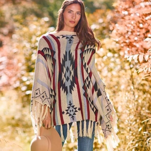 Sweaters - Boho Aztec Geometric Fringe Poncho sweater top